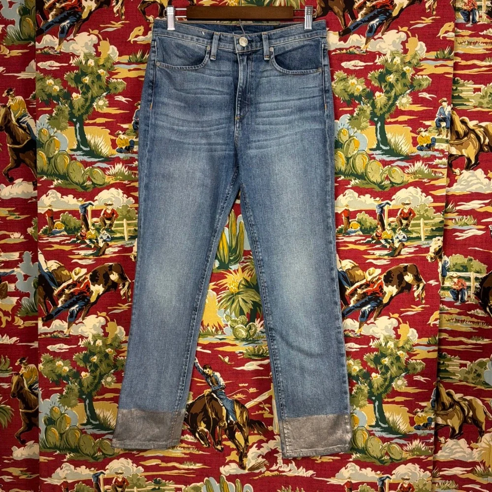 Rag & Bone Jeans Women 28 Blue Excellent Metallic Hem Straight Leg